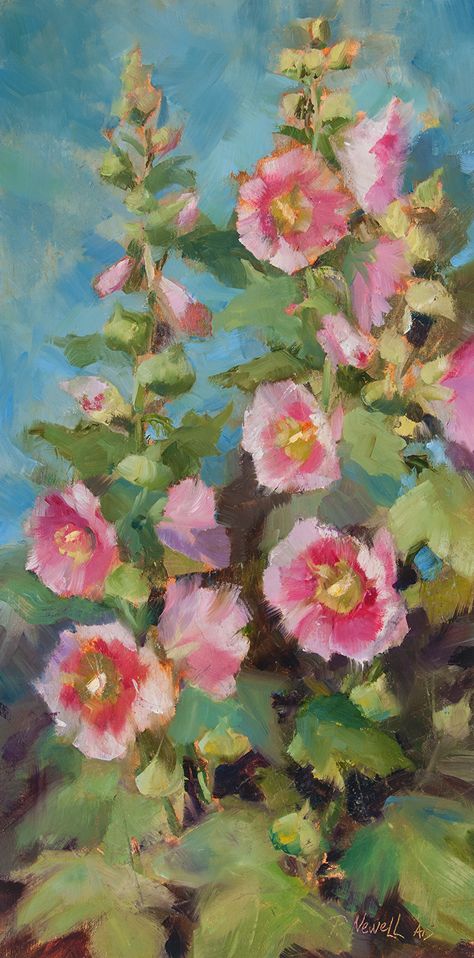 Hollyhocks in Pink by Pamela C. Newell, Oil, 20 x 10 Hollyhocks Flowers Painting, Hollyhocks Painting Acrylic, Hollyhock Paintings, Hollyhock Flowers, Hollyhock Flower, Realistic Flower Drawing, Hollyhocks Flowers, Paint Photography, Painting Flower