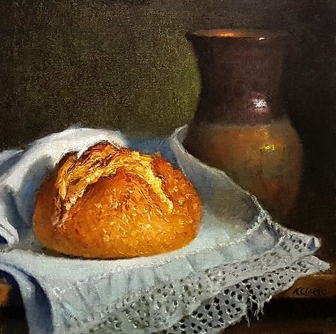 Natalia Ivan Clarke - Round loaf of Bread and country Pot- Oil - Painting entry - October 2022 | BoldBrush Painting Competition Bread Oil, Food Art Painting, Copper Mug, Foodie Art, Painting Competition, Loaf Of Bread, Food Carving, Sand Painting, Still Life Oil Painting