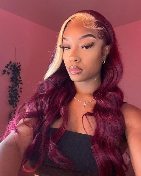 99J Burgundy Skunk Stripe Wig Human Hair Lace Front Wig With Blonde Color Side Part Burgundy Wig, Ginger Lace Front Wigs, Skunk Stripe Wig, Burgundy Red Hair, Skunk Stripe, Pink Blonde Hair, Blonde Streaks, Prom Inspo, Birthday Hair