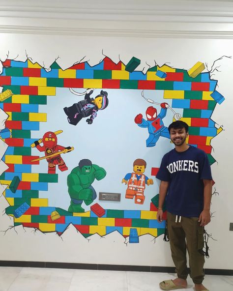 I PRESENT YOU THE LEGO WALL (Swipe to see the process) This artwork took us 5 days (50hrs+ cumulative) Cant believe this was my first ever wall paint work, I'm so proud of this work!! Looking forward to do more wall paintings! So if you want me to come paint your wall then drop a comment below!! #art #mural #wallpainting #wallmural #wallsrt #lego #legoart #painting Lego Mural, Boy Room Paint, Lego Wall, Ceiling Murals, Boy Stuff, Wall Paintings, Lego Art, Lego Brick, You Want Me