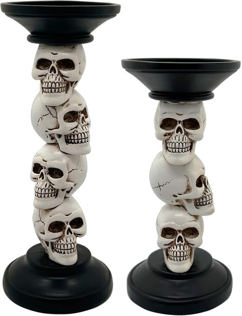 Amazon.com: Halloween Skull Candle Holder Vintage Pillar Candle Holder Resin Skull Skeleton Candlestick Candle Holder Home Decor Halloween Decorations, Set of 2 : Home & Kitchen Skulls Stacked, Halloween Centerpiece Ideas, Spooky Bathroom Decor, Skeleton Candle Holder, Creepy Decorations, Christmas Fireplace Mantels, Haunted House Halloween Party, Halloween Furniture, Skull Candle Holder