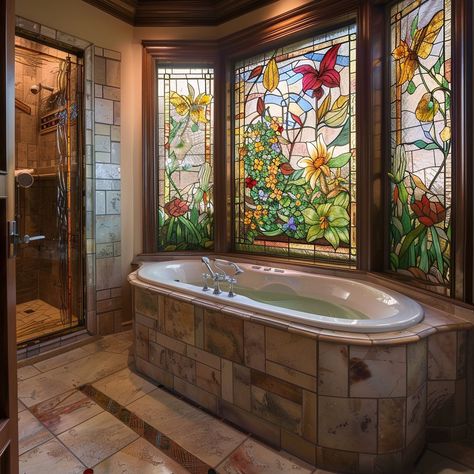 Transform your bathroom into a tranquil haven with nature-inspired stained glass windows. Vibrant leaves, flowers, and birds create a calming ambiance, inviting moments of serene contemplation amidst daily routines. Conceptual AI Art Follow @ecosapiens for more! Vibrant Bathroom, Painting On Glass Windows, Stain Glass Window Art, Window Stained, Glass Window Art, Aesthetic Bathroom, Glass Bathroom, Mediterranean Homes, Dream Living