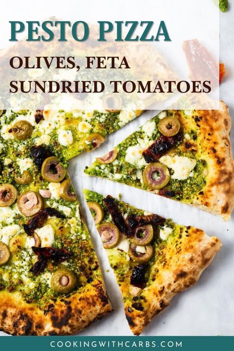 Pesto pizza with olives pinterest pin Sundried Tomato Pizza, Fermented Dough, Best Pesto, Best Vegetarian Dishes, Tomato Pizza, Delicious Pizza Recipes, Plant Based Recipes Dinner, Hot Appetizers, Pesto Pizza