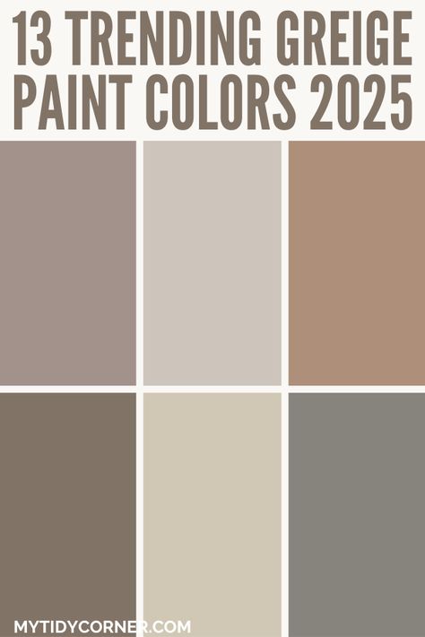 Collage of popular greige paint colors. Greyish Tan Paint Colors, Chocolate Gray Paint Color, Brown Greige Paint, Brown Gray Cream Color Palette, Hazelnut Paint Color, Harvest Brown Paint Behr, Taupe Paint Bedroom, Greyish Brown Paint Colors, Sherwin Williams Mink Paint