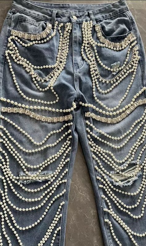 Beachapche  New Fashion Big Hole Rhinestone Chain Pearls Street Jeans  Female Washing Denim Trousers Denim Trousers Women, Denim Diy Clothes, Flare Sleeve Sweater, Jeans Female, Criss Cross Dress, Street Jeans, Lantern Sleeved Blouses, Winter Jeans, Rhinestone Chain