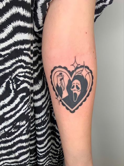 #halloween #tattoo #aesthetic #horror #horrortattoo #halloweentattoo #screamtattoo #vintage #90s #90smovies 90s Horror Tattoo, Halloween Aesthetic Tattoo, 90s Movies Tattoos, Cute Scream Tattoo, 90 Tattoo Ideas, Cute Ghostface Tattoo, Vintage Horror Tattoo, Goth Patchwork Tattoo, Tattoo Ideas Alt