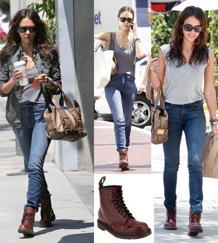 Jessica Alba wears Doc Martens boots in 2017. These british boots are still trendy since 1990. Now they are worn by men and women. Winter Doc Martens, Dr Martins Outfits, Red Docs, Red Doc Martens, Doc Martens Outfits, Martens Outfit, Galaxy Converse, Dr Martens Outfit, Doc Martens Style