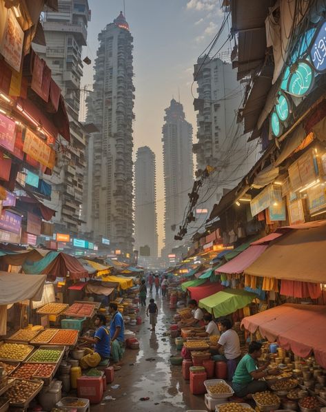 A futuristic cityscape in Mumbai with a traditional Indian environment, market, ladies and neon lights. . . Follow for more..🔥 . . #aiart #digitalart #india #futuristic Futuristic Cityscape, Indian City, Fantasy Au, Ancient Indian Architecture, Mumbai City, Indian Market, Indian Architecture, Futuristic Art, Mumbai India