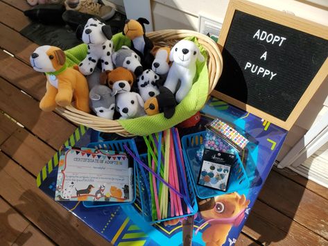 We did this for my daughter's 5th birthday party and it was a hit. Adopt A Puppy Birthday Party, Tea Party Birthday Party, Puppy Birthday Party, Adopt A Puppy, Kids Tea Party, 5th Birthday Party, Puppy Birthday Parties, Dog Cakes, Puppy Birthday