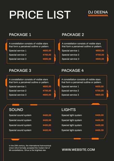 Futuristic DJ Deeja Price List Pricing Chart Design, Price List Flyer Design, Price List Design Templates Layout, Pricelist Design Templates, Marketing Price List, Graphic Design Price List, Price List Design Ideas, Price List Design Templates, Photographer Price List