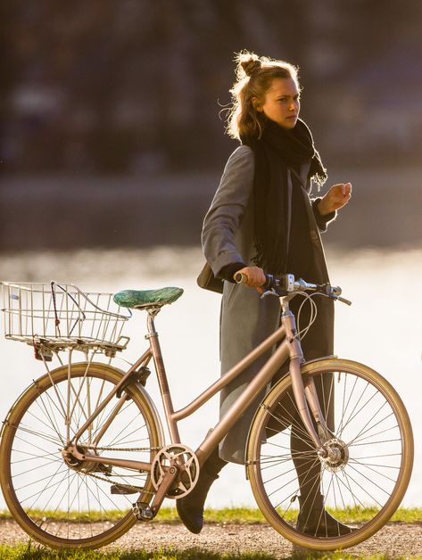 A Woman, Walking, Bike, Water