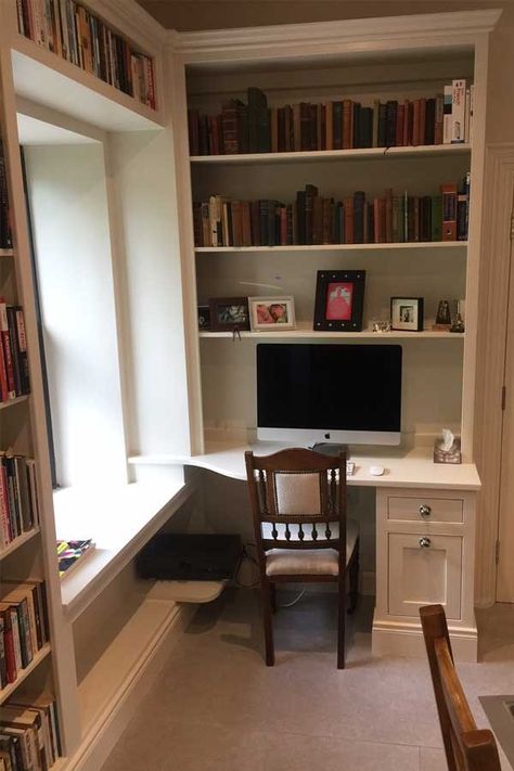 Desk Alcove Built Ins, Desk In Chimney Alcove, Bedroom Alcove Desk Ideas, Alcove Office Desk Areas, Built In Desk Alcove, Alcove Corner Desk, Home Office Box Room, Desk In Alcove, Alcove Desk Ideas