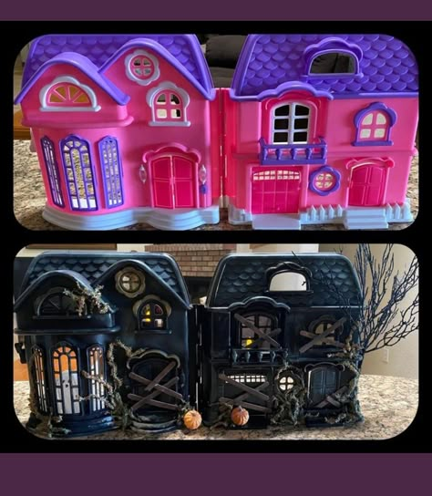 Old Doll House Halloween, Diy Miniature Haunted House Ideas, Dollhouse Turned Into Haunted House, Diy Halloween House Craft, Doll House Halloween Ideas, Doll House Into Haunted House, Doll House To Haunted House, Dollhouse To Haunted House, Doll House Haunted House