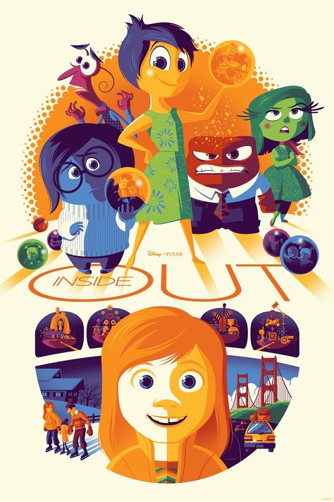 Tom Whalen & Dave Perillo Inside Out Movie Posters Release Details Inside Out Poster, Vintage Disney Posters, Tom Whalen, Disney Poster, Disney Movie Posters, Disney Inside Out, Film Anime, Disney Posters, Mindy Kaling