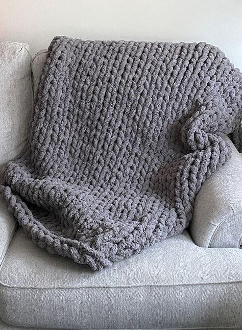 Stay snuggled in winter with our Handmade Chunky Knit Blankets - Perfect for gifting or keeping! Beautiful chunky knit, Dark Gray blanket and throw in super soft chenille yarn that is machine washable!  Easy care instructions and kid and pet friendly and free Shipping! Picture shows the 50x60in which is perfect as  couch throw or your pet to lay on when they take over the couch (like Lulu does!). Larger sizes are great for beds and the bed runners to add a cozy and textured look to any bed.   Th Gray Chunky Knit Blanket, Chunky Knit Blanket Pattern, Knot Blanket, Purple Blanket, Cable Knit Blankets, Over The Couch, Bed Runners, Chenille Blanket, Woollen Blankets