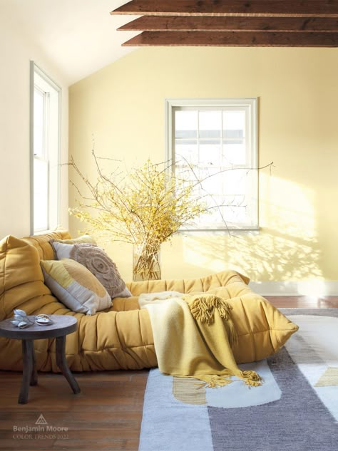 Color Trends 2022 - Benjamin Moore's Pale Moon OC-108. Via @benjamin_moore Yellow Painted Rooms Bedrooms, Moonlight Benjamin Moore, Light Yellow Walls Bedroom Ideas, Pale Yellow Accent Wall, Pale Moon Benjamin Moore, Pastel Yellow Living Room, Benjamin Moore Yellow Paint Colors, Pale Yellow Bedroom, Yellow Accent Wall