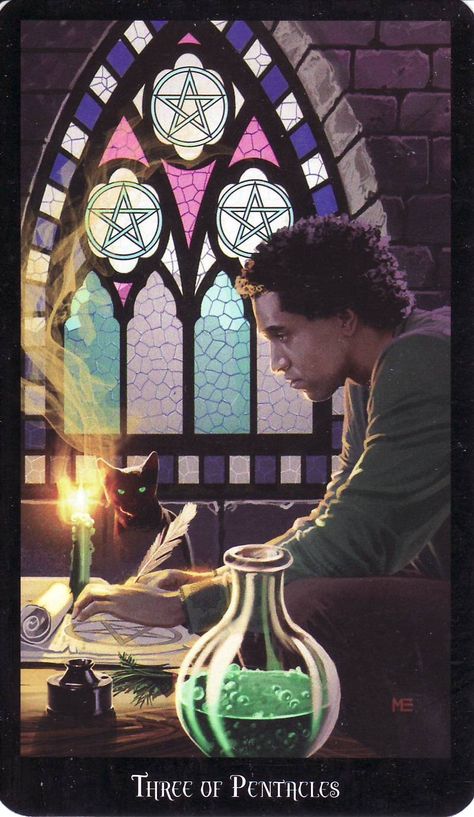 3 Of Pentacles, Three Of Pentacles, Mark Evans, Witches Tarot Deck, Pentacles Tarot, Tarot Magic, Witch Tarot, Online Tarot, Lord Byron