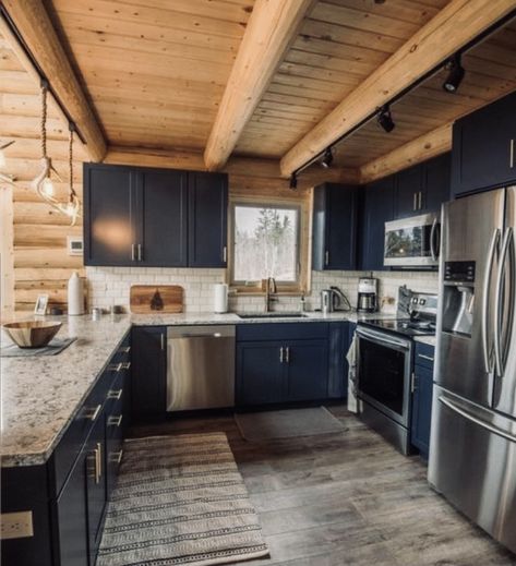 Mountain Home Renovation, Rustic Modern Cabin Interior Kitchen, Cabin Theme Kitchen, Rustic Manufactured Home Interiors, Blue Cabin Kitchen, Cabin Kitchen Remodel Ideas, Cozy Cabin Lake House, Modern Cabin Kitchen Design, Log Cabin Remodel Before And After