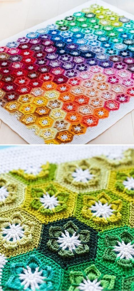 Rainbow Hexagon Crochet Blanket, Crochet Patterns Hexagon, Flower Crochet Hexagon, Hexagon Flower Crochet Pattern, Crocheted Hexagon Pattern, Hexagon Flower Crochet, Scheepjes Colour Pack Patterns, Crochet Blanket Center Start, Crochet Hexagon Blanket Pattern Free