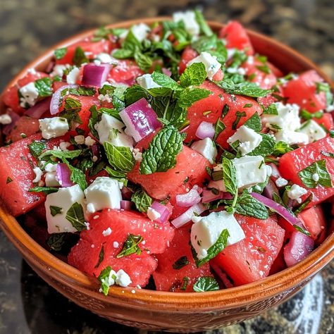 🍉🧀 Refresh with a vibrant Watermelon Feta Mint Salad! #SummerSalad #FreshFlavors Watermelon Feta Mint Salad Ingredients: Watermelon (4 cups, cubed) Feta cheese (1 cup, crumbled) Fresh mint leaves (1/4 cup, chopped) Red onion (1/4, thinly sliced) Balsamic glaze (2 tbsp) Olive oil (1 tbsp) Salt (to taste) Black pepper (to taste) Instructions: In a large bowl, combine watermelon, feta, mint, and red onion. Drizzle with olive oil and balsamic glaze. Season with salt and pepper, and toss gentl... Watermelon Feta Mint Salad, Watermelon And Feta Salad, Easy Chocolate Cupcake Recipe, Salad Watermelon, Feta Salad Recipe, Watermelon Feta Salad, Mozzarella Salad, Instagram Recipes, Mint Salad