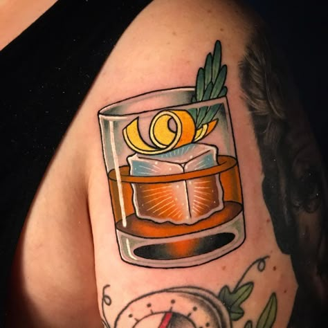 American Traditional Whiskey Tattoo, American Traditional Whiskey Glass Tattoo, Whiskey Glass Tattoo Traditional, Neo Traditional Food Tattoo, American Traditional Bartender Tattoo, Whiskey Tattoo Design, Old Fashioned Drink Tattoo, Negroni Tattoo, Whiskey Tattoo Ideas