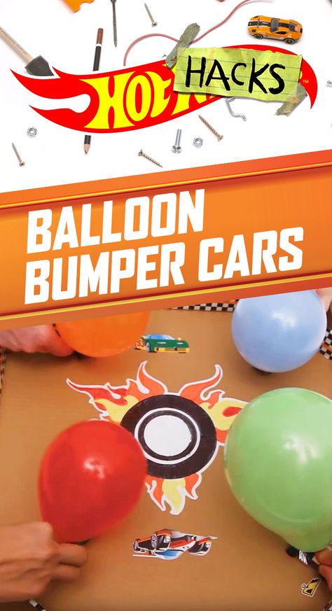 Give kids’ competitive spirits a boost with Balloon Bumper Cars. Kids can make their own aren a with a pizza box, washi tape and stickers. Then, kids can inflate balloons, tape them to Hot Wheels cars, and then let them go to see who is the last one standing. Find details on how to build this indoor party game on our DIY Hot Wheels Hot Hacks video here. Hot Wheels Games Birthday Parties, Hot Wheels Party Activities, Hot Wheels Birthday Party Activities, How Wheels Birthday Party, Hot Wheels Birthday Party Games, Hot Wheels Diy Party, Hot Wheels Birthday Party Ideas Diy, Hot Wheels Party Games, Hot Wheels Party Food