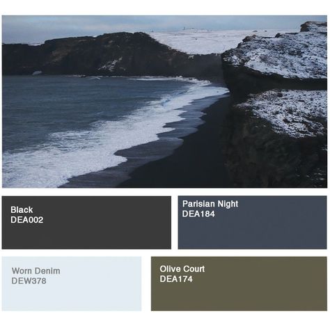 Coastal surroundings provide the inspiration for winter color crush palette number two. This deeply moody color palette reminds us that while winter days may be short, they are no less magical than those of summer. Winter colors here include dark and light blue, black and olive green. #myDEcolor #DEpaints #DunnEdwards #Wintercolors #Colorpalettes #Paintcolors #ColorInspo #Exteriorcolors #Moddycolors #Snow Color Palette Nautical, Moody Coastal Color Palette, Dark Coastal House, Light Blue And Black Color Palette, Moody Coastal Aesthetic, Dark Coastal Decor, Dark Coastal Bedroom, Moody Coastal Decor, Black And Blue Color Palette