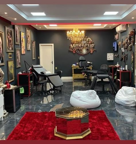 Tattoo Studio Furniture, Tattoo Shop Grand Opening Ideas, Tattoo Salon Design Ideas, Tattoo Shop Interior Design Studios, Tattoo Shops Interior Design, Tattoo Shop Decor Ideas, Modern Tattoo Shop Interior, Tattoo Salon Design, Tattoo Shop Interior Design