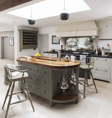 The Top Ten Grey Country Kitchens Grey Country Kitchen, Chalon Kitchen, Round Shelves, Curved Island, Timber Benchtop, Aga Kitchen, Georgian Kitchen, Howdens Kitchens, Kitchen Center Island