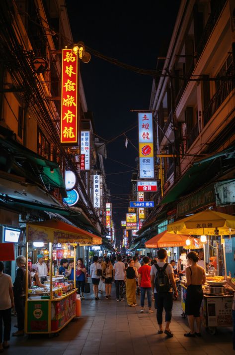 Experience the electric energy of Bangkok's Chinatown at night! Yaowarat Road ignites with vibrant neon signs, delicious street food, and historic shophouses.  #Bangkok #Chinatown #Thailand Bangkok Aesthetic, Bangkok Chinatown, Bangkok Street Food, Evening Light, Neon Lights, Thailand Travel, Neon Lighting, Street Food, Bangkok