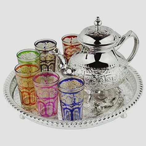 Mint Tea Set Moroccan MAROC Tea Set Moroccan Teapot 6 Tea Glasses Cup – Potreyui Moroccan Tea Set, Arabic Tea, Moroccan Tea, Moroccan Mint Tea, Golden Tea, Silver Plated Trays, Tea Gift Sets, Sugar Pot, Silver Teapot