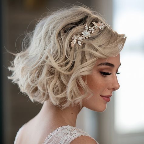 11 Elegant Wedding Hairstyles For Women With Short Hair For Shine With Confidence Wedding Short Curly Hairstyles, Short Hairstyles For Brides, Cute Wedding Hairstyles For Short Hair, Short Hairstyles For Wedding The Bride, Short Hair Waves Wedding, Boho Wedding Hair Short, Short Hairstyle Wedding Bride, Short Wedding Hairstyle Women, Bridgerton Hairstyles Short Hair