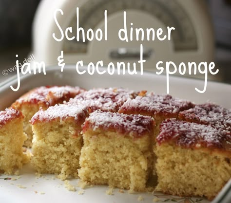 As the weather gets colder and the dark nights draw in, I feel the need for comfort food. Traditional recipes that hark back to childhood,... Jam Sponge Cake, School Dinners British, School Sponge Cake Recipe, Jam Coconut Sponge, Coconut And Jam Cake, Coconut Traybake Recipes, Jam And Coconut Sponge, School Puddings British, School Deserts