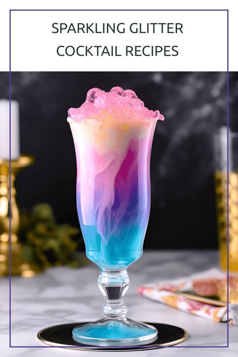 Indulge in these enchanting edible glitter cocktail recipes, including the delightful Unicorn cocktail. Try refreshing fruit and creamy flavors with a touch of sparkle. Glittery Alcoholic Drinks, Unicorn Cocktail Recipes, Crazy Cocktail Recipes, Glitter Drink Recipe, Ombre Drinks, Weird Cocktails, Rainbow Cocktails, Unicorn Cocktail, Glitter Drinks