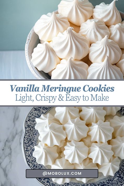 Looking for a light and crispy treat? These Vanilla Meringue Cookies are the perfect sweet indulgence! Made with just a few simple ingredients, these melt-in-your-mouth meringues are gluten-free and easy to customize with colors or flavors. Whether for a special occasion or a simple snack, these light and airy cookies are sure to impress. Save this easy meringue recipe now and enjoy the sweetness! Easy Meringue Recipe, Vanilla Meringue Cookies, Vanilla Meringue, Easy Meringues, Meringue Cookie Recipe, Cookies Light, Meringue Recipe, Meringue Cookies, Crispy Treats