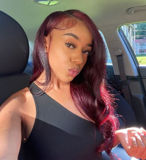 burgundy envy hair color on black women Dyed Burgundy Hair Black Women, Burgundy Red Hair Black Women, Plum Hair Color On Black Women, Red Hair Color Black Women, Black Women Red Hair, 99j Lace Front Wig, Deep Burgundy Hair Color, Black Girls Red Hair, Deep Burgundy Hair