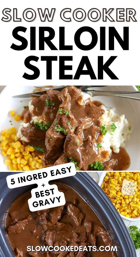 If you're looking for an easy, delicious beef recipe for dinner, you can't go wrong with Crock Pot Sirloin Steak with Gravy. This comfort food favorite is made with just five simple ingredients and is ready in no time. Plus, it cooks low and slow in a crock pot for a perfect, tender and juicy steak! The perfect busy weeknight dinner idea! Mock Tender Steak Recipes Slow Cooker, Slower Cooker Steak Recipes, Crockpot Recipes With Sirloin Steak, Sirloin Steak Tips Instant Pot, Crock Pot Filet Mignon, Recipes With Sirloin Tip Roast, Beef Top Sirloin Roast Crockpot, Crockpot Filet Mignon, Sirloin Dinner Ideas