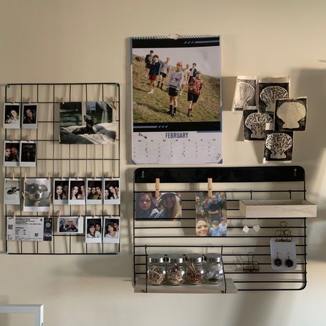 Wall art grid polaroids and desk organisation Desk Grid Wall, Wall Grid, Desk Organisation, Polaroid Frame, Walls Room, Study Desk, Aesthetic Wall, March 2024, Study Table