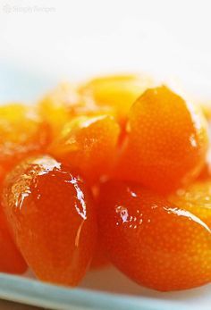 Candied Kumquats ~ Super easy recipe for candying kumquats, those mini citrus you can eat whole. Great as a sweet condiment for meat and cakes. ~ SimplyRecipes.com Kumquat Recipes, Candied Fruit, Vegetable Drinks, Super Easy Recipes, Simply Recipes, Jam Recipes, Healthy Eating Tips, Canning Recipes, Fruit Recipes