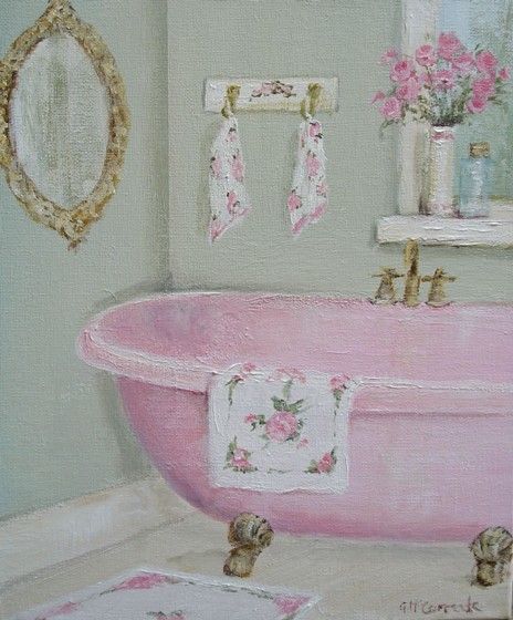 Original Whimsical Painting - The Pink Claw Footed Bath  - Postage is included Australia Wide Bathtub Painting, Painting Bathtub, Claw Foot Bath, Whimsical Paintings, Bath Art, Pink Painting, Shabby Chic Bathroom, Decoupage Vintage, Chic Bathrooms