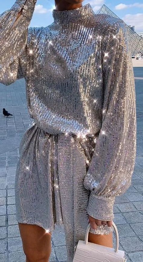 Pretty Lavish, High Fashion Trends, Metallic Sandals, Turtle Neck Dress, Dress Cover, Streetwear Women, Mini Dress With Sleeves, Mini Dresses, Sequin Dress