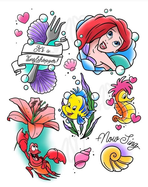 Cute Disney Illustration, Flounder And Sebastian Tattoo, Small Ariel Tattoo, Ariel Tattoo The Little Mermaid, Disney Traditional Tattoo, Ariel Tattoo Ideas, Disney Floral Tattoo, Emo Disney Characters, Disney Flashsheets Tattoo