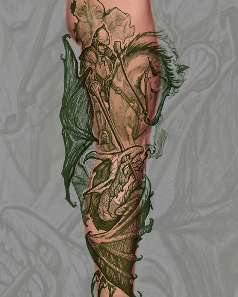 Medieval Dragon Tattoo Sleeve, Dragon And Knight Tattoo, Riders Of Rohan Tattoo, St George Tattoo, Back Leg Tattoo, Dragon Leg Tattoo, Dragon Tattoo Leg, Post Tattoo, Back Of Leg Tattoos