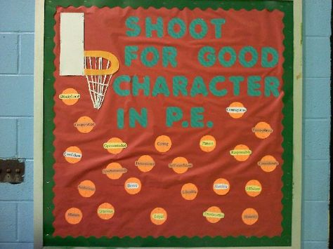 Shoot for Good Character in P.E. Image Physical Education Bulletin Boards, Pe Bulletin Boards, Physical Education Lesson Plans, Health Bulletin Boards, High School Bulletin Boards, High School Health, Bulletin Ideas, College Bulletin Boards, Fit Family