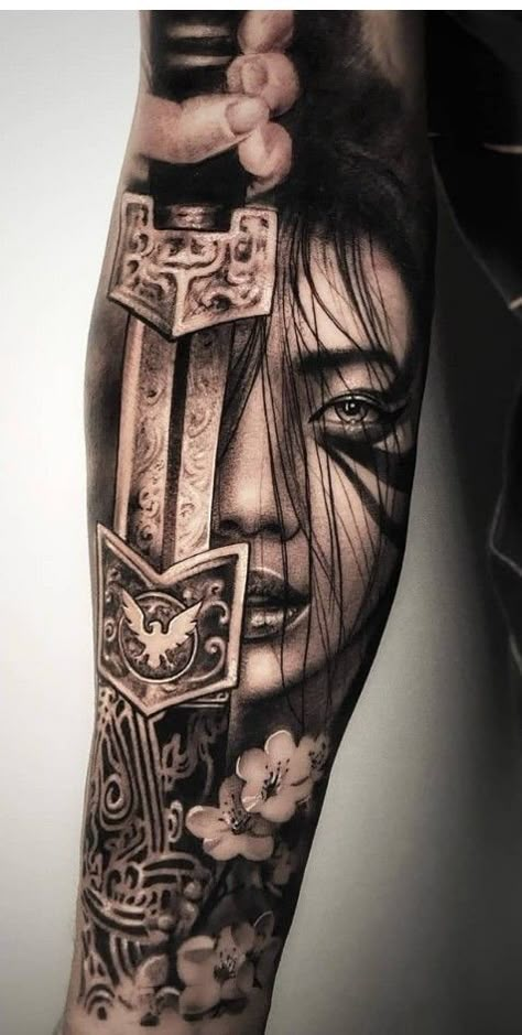 Warriors Tattoo For Women, Female Samurai Tattoo Geishas, Female Samurai Tattoo Design, Female Warrior Tattoo Sleeve, Samurai Forearm Tattoo, Female Samurai Tattoo, Geisha Warrior, Yakuza Style Tattoo, Tato Geisha