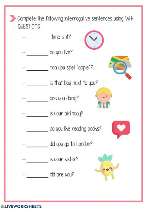 WH- Questions exercise Wh Worksheets Wh Questions, Wh Questions Worksheet, Wh Questions Kids, Wh Questions Exercises, Wh Questions Activities, English Grammar Rules, Literacy Centers Kindergarten, English Teaching Materials, Teacher Activities