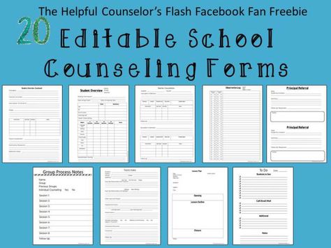 School Counseling Forms Facebook Freebie – Sneak Peak! « The Helpful Counselor Counseling Documentation, Counseling Forms, Counseling Organization, Middle School Counselor, School Counselor Resources, College Counseling, Counseling Worksheets, High School Counselor, Guidance Counseling