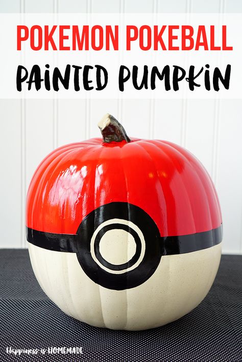 pokemon-pokeball-painted-pumpkin-for-halloween-decorating Halloween Decorating Pumpkin Ideas, Pokeball Pumpkin Painting, Pokeball Pumpkin, What To Paint On A Pumpkin, Painted Punkins, Pokemon Pumpkins, Pokemon Pumpkin, Disney Pumpkin Painting, Pumpkin Painting Party