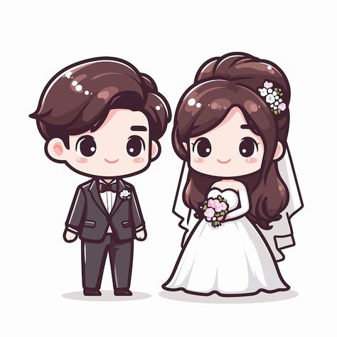 Bride And Groom Cartoon Cute, Wedding Cartoon Illustration, Wedding Cartoon Couple, Chibi Couple Poses, Married Cartoon, Wedding Couple Vector, Cartoon Printable, Groom Cartoon, Wedding Cartoon