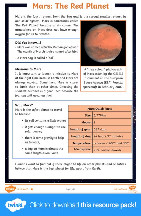 This fantastic free resource contains 3 differentiated non-fiction guided reading activities for KS2, all themed around ‘the Red Planet’, Mars. Packed full of fun and interesting facts, these guided reading activities are perfect as part of any space topic and will help to assess your kids’ comprehension skills without them even realising! Click to download from the Twinkl website. #space #spacelesson #teachingresources #teaching #teacher #twinkl #twinklresources #planets #homeschooling 3rd Grade Science Projects, Mars Settlement, Homeschooling Space, Solar System Facts, Mars Facts, Mars Project, Solar System Activities, Planet Project, Space Activities For Kids